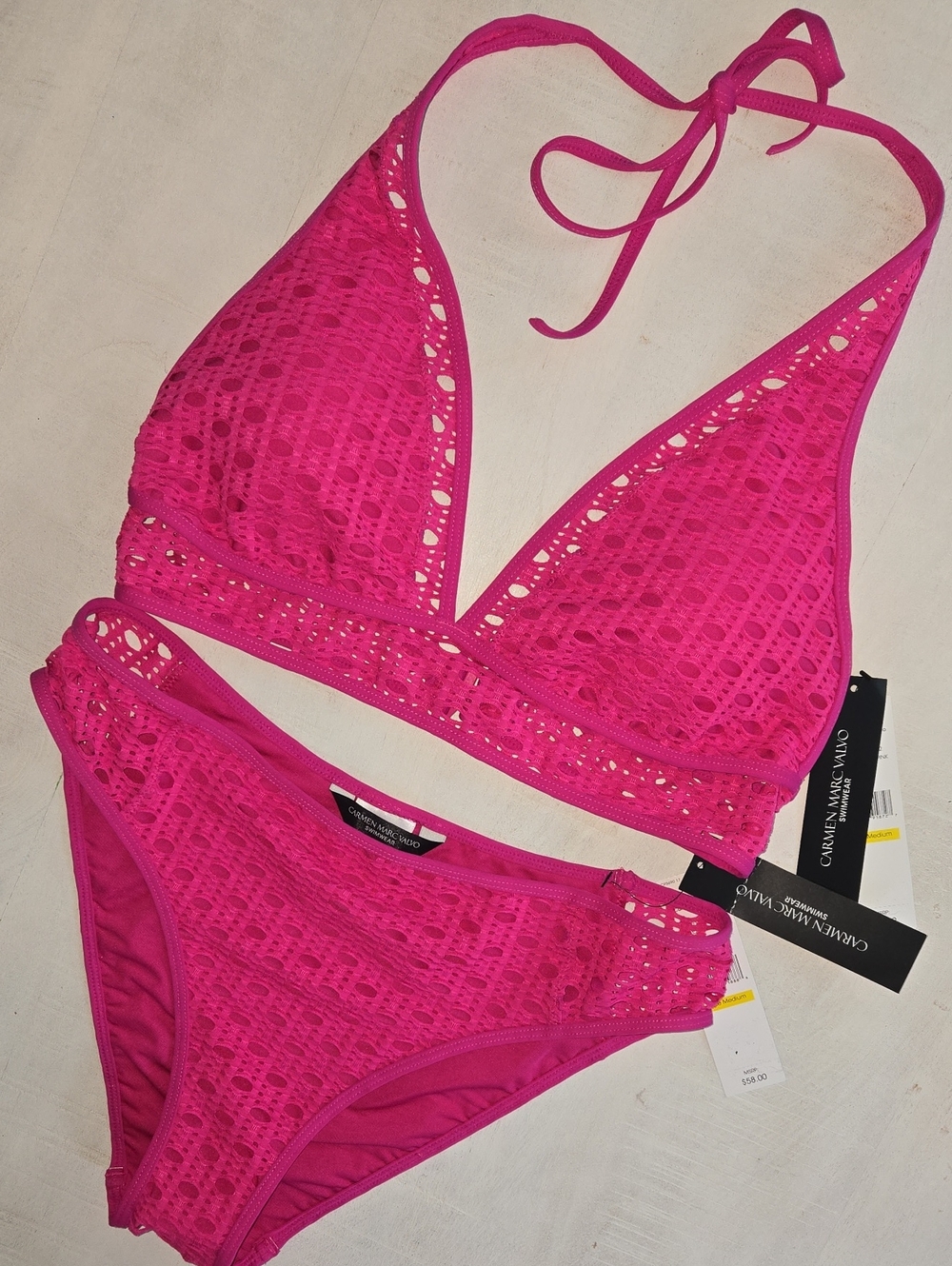 Carmen Marc Valvo Ultra Pink Crochet Halter Bikini NWT Size Medium